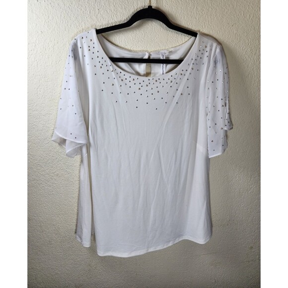 NY Collection XL White Rhinestone Studded Blouse Flutter Sleeve Career Party - Picture 1 of 8